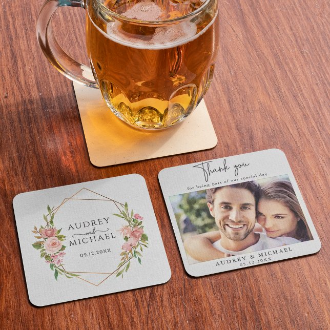 Modern Gold Frame Floral Photo Wedding Thank You Square Paper Coaster (Creator Uploaded)