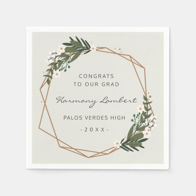 Modern Gold Frame Greenery Geometric Graduation Napkin (Front)