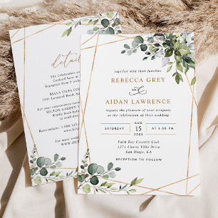 Modern Gold Frame Greenery Invitation w/ Details
