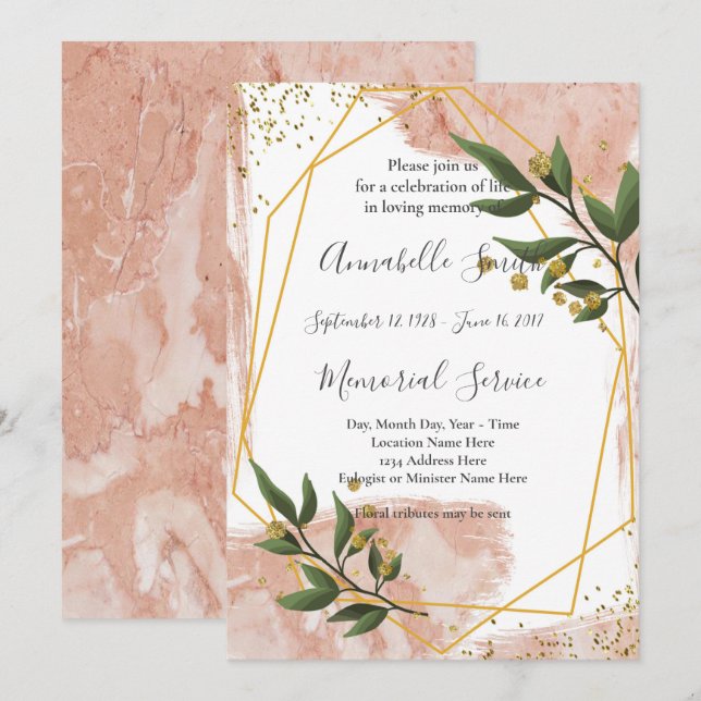 Modern Gold Frame Ivory Green FloralLoving Memory Invitation (Front/Back)