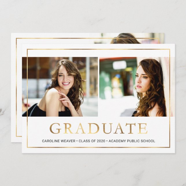 Modern Gold Frame Photo Collage Graduation Party Invitation (Front/Back)