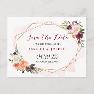 Modern Gold Frame Watercolor Floral Save the Date Announcement Postcard