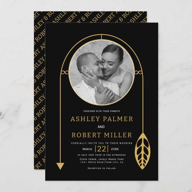 Modern gold frame with leaf and photo wedding invitation (Front/Back)