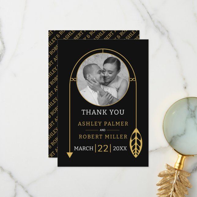 Modern gold frame with leaf and photo wedding thank you card (Front/Back In Situ)