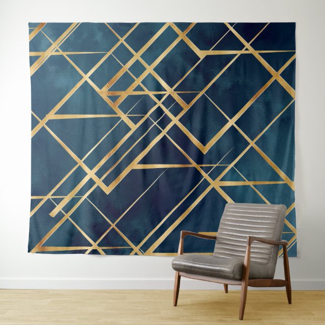 Modern Gold Geometric Blue Design Tapestry (In Situ (Horizontal))