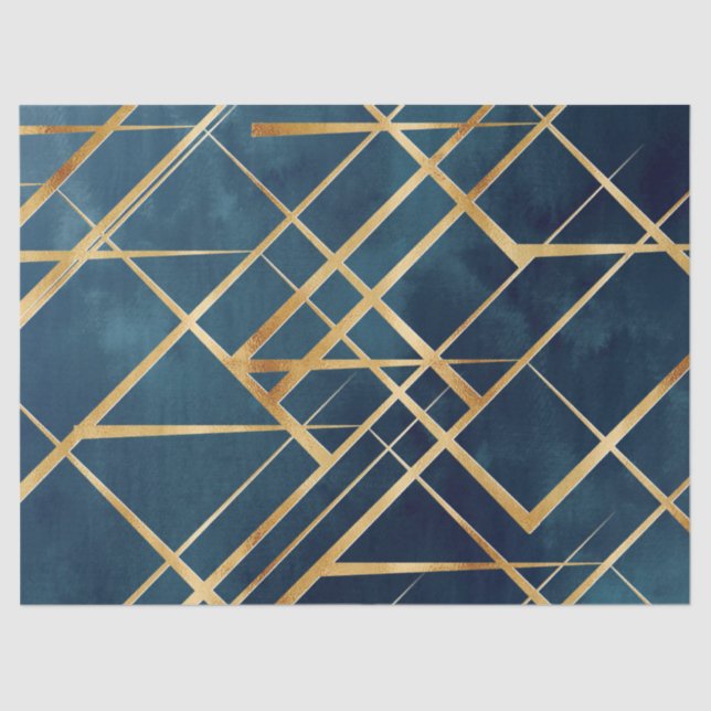 Modern Gold Geometric Blue Design Tissue Paper (Front)