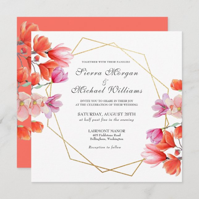 Modern Gold Geometric Coral White Floral Wedding Invitation (Front/Back)