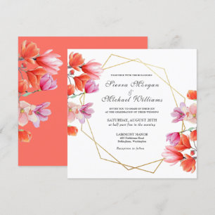Modern Gold Geometric Coral White Floral Wedding Invitation