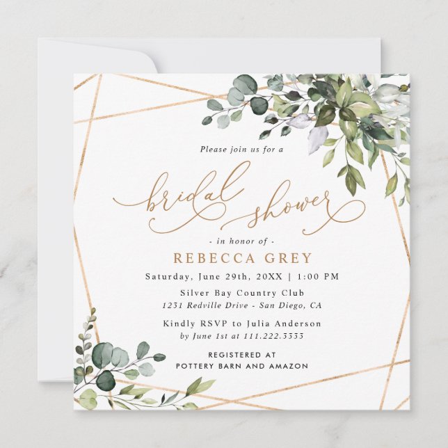 Modern Gold Geometric Greenery Bridal Shower Invitation (Front)