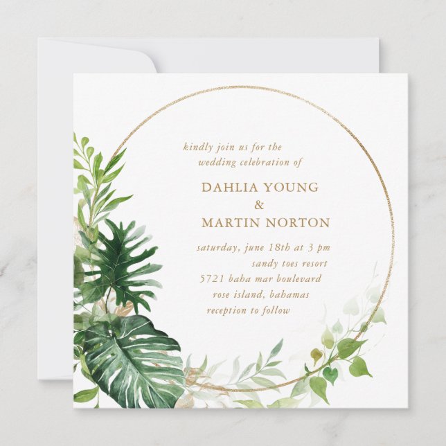 Modern Gold Geometric Greenery Tropical Wedding Invitation (Front)