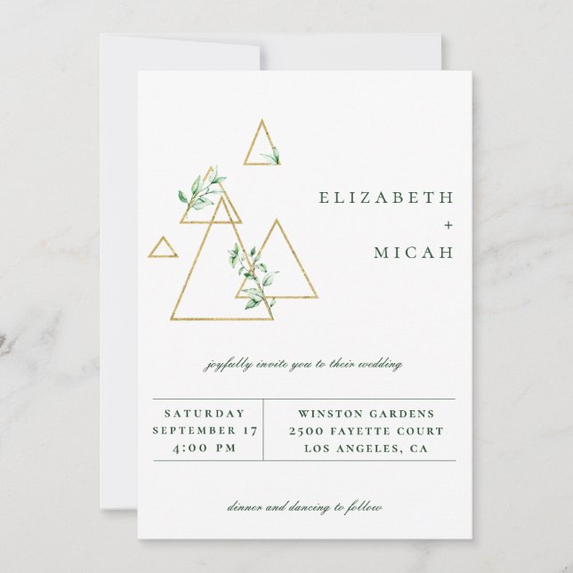 Modern Gold Geometric Greenery Wedding Invitation (Front)