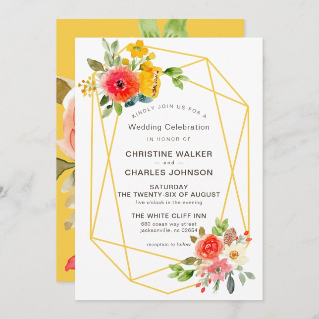 Modern Gold Geometric Spring Floral Wedding Invitation (Front/Back)
