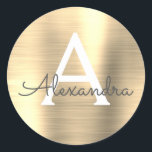 Modern Gold Girly Metallic Monogram Classic Round Sticker<br><div class="desc">Modern Gold Faux Girly Metallic Stainless Steel Foil Elegant Sticker. This sticker can be customised to include your initial and first name for a gift package.</div>