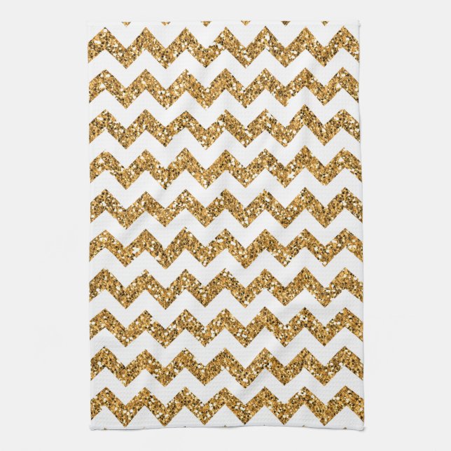 Modern Gold Glitt Chevron Print Kitchen Dish Towel (Vertical)