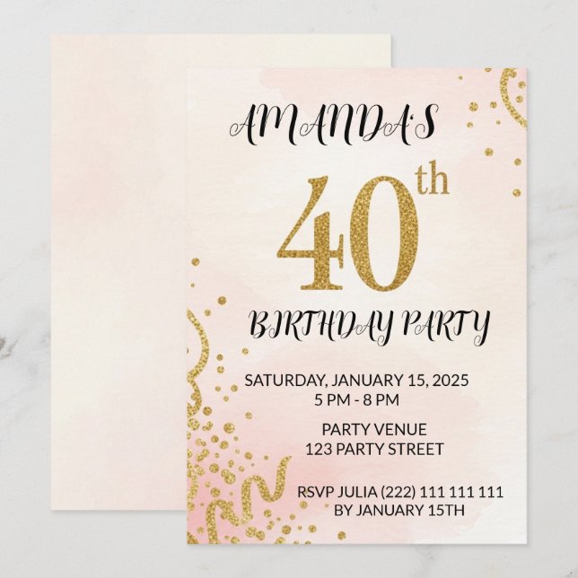 Modern Gold Glitter 40th Birthday Invitation (Front/Back)