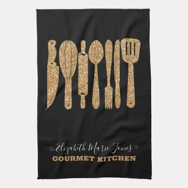 Modern Gold Glitter Black Cooking Baking Utensils Tea Towel (Vertical)