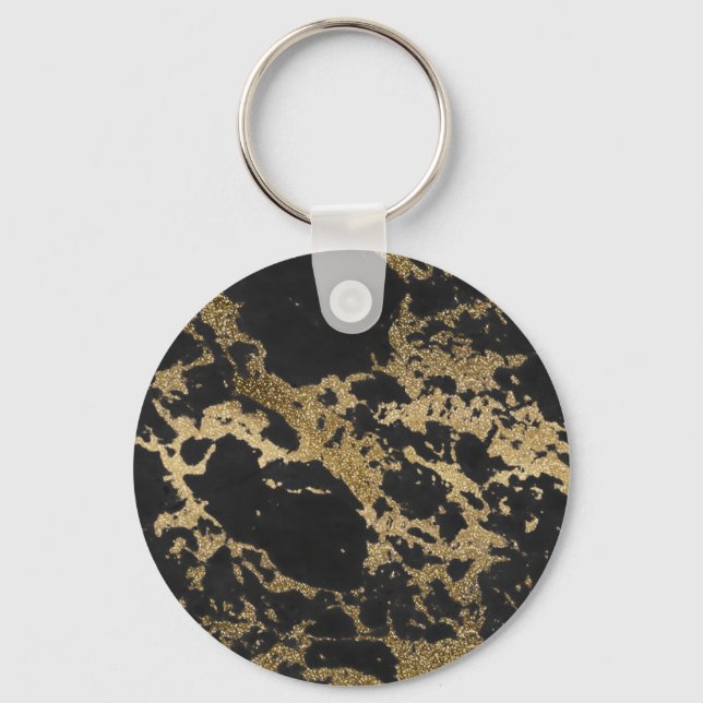 Modern Gold Glitter Black Marble Key Ring (Front)