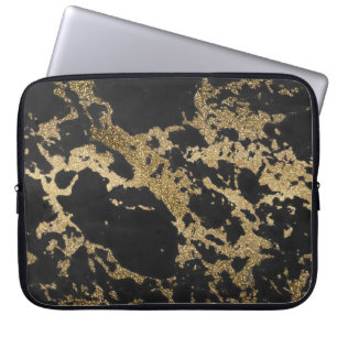 Modern Gold Glitter Black Marble Laptop Sleeve