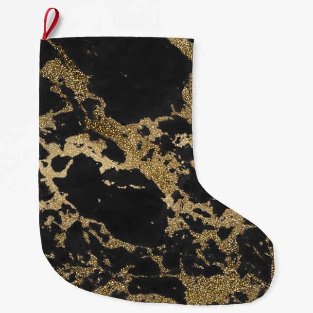 Modern Gold Glitter Black Marble Large Christmas Stocking (Front)