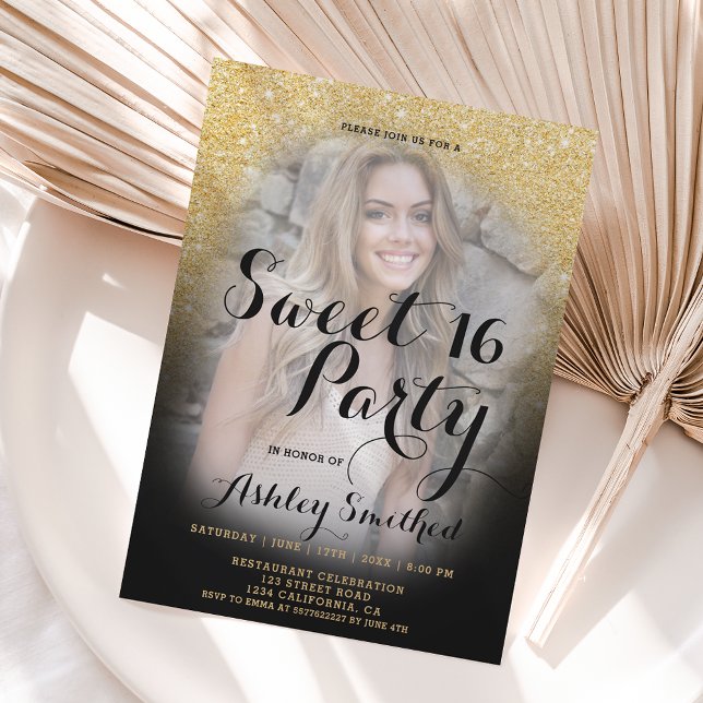 Modern gold glitter black ombre photo Sweet 16 Invitation (Creator Uploaded)