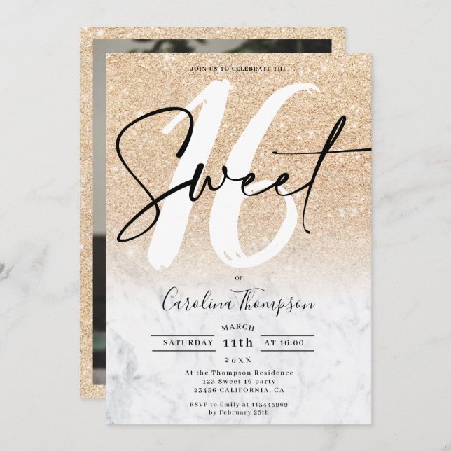 Modern gold glitter border marble photo Sweet 16 Invitation (Front/Back)