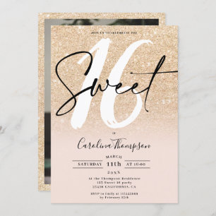 Modern gold glitter border script photo Sweet 16 Invitation