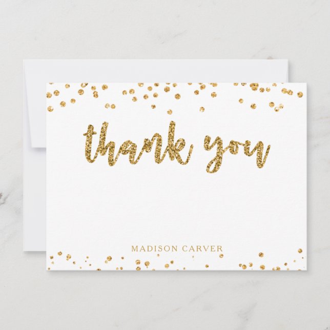 Modern Gold Glitter Brush Script and Confetti Thank You Card (Front)