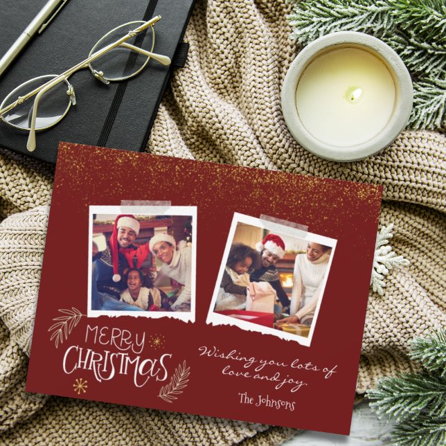 Modern Gold Glitter Burgundy Merry Christmas Photo Holiday Card (Creator Uploaded)