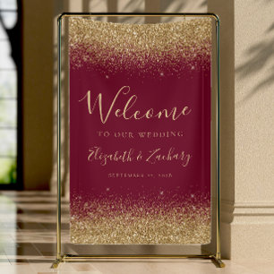 Modern Gold Glitter Burgundy Wedding Welcome Banner