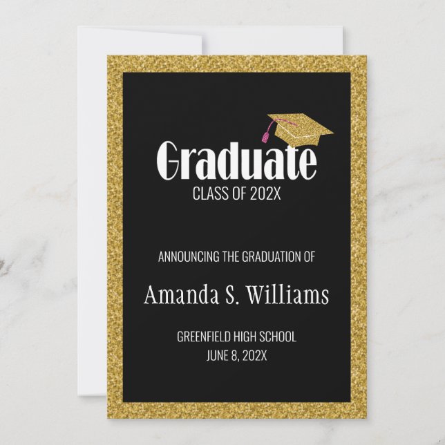 Modern Gold Glitter Cap Graduation  Announcement (Front)