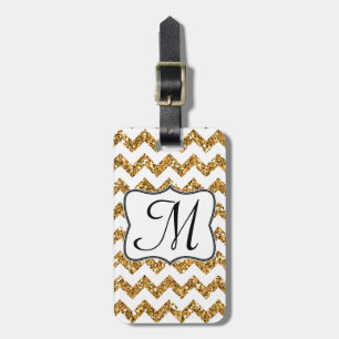 Modern Gold Glitter Chevron Monogram Luggage Tag