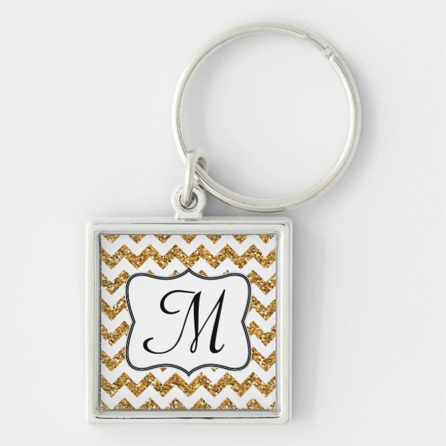Modern Gold Glitter Chevron Zig Zag Key Chain (Front)