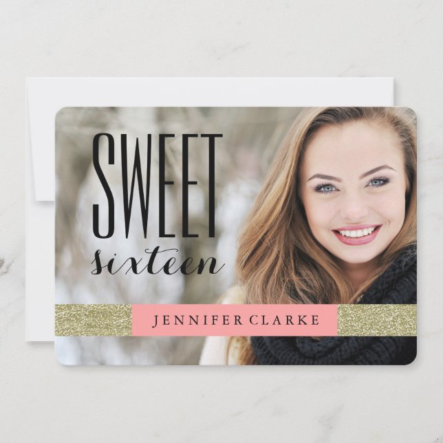 MODERN GOLD GLITTER | CORAL SWEET SIXTEEN PARTY INVITATION (Front)