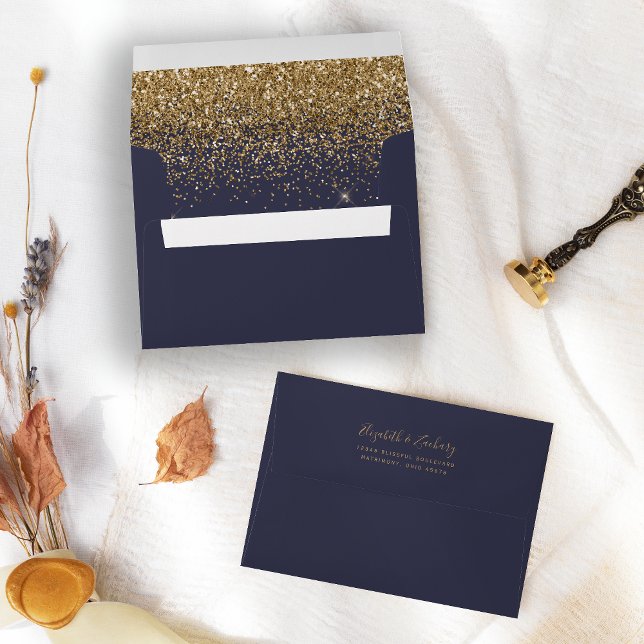 Modern Gold Glitter Dark Blue Wedding Envelope (Creator Uploaded)