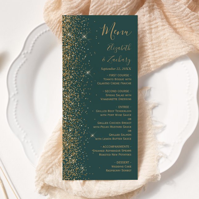 Modern Gold Glitter Dark Green Wedding Menu (Creator Uploaded)