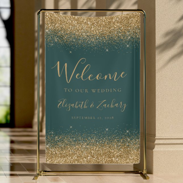 Modern Gold Glitter Dark Green Wedding Welcome Banner (Creator Uploaded)