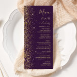 Modern Gold Glitter Dark Purple Wedding Menu<br><div class="desc">The left-hand edge of this elegant modern wedding menu features a gold faux glitter design. The customisable text combines gold-coloured handwriting,  copperplate and italic fonts on a dark purple background. The reverse side features a matching purple and gold glitter design.</div>