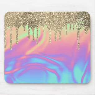 Modern Gold Glitter Drips Ombre Holographic Mouse Pad