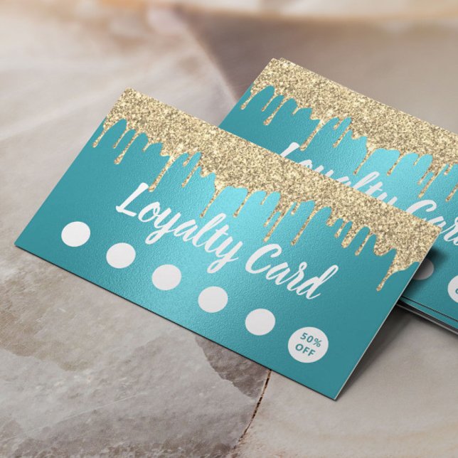Modern Gold Glitter Drips Turquoise Salon Loyalty Card (Creator Uploaded)