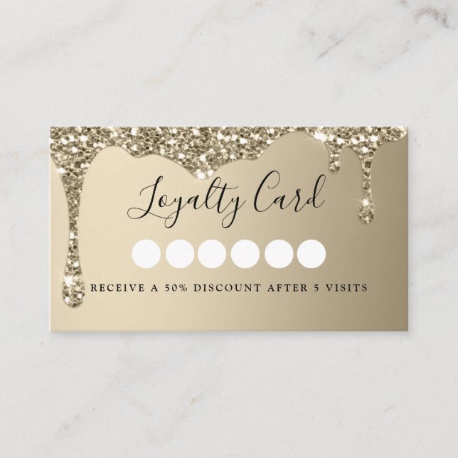 Modern Gold Glitter Drop Salon & Spa Loyalty  Business Card (Front)