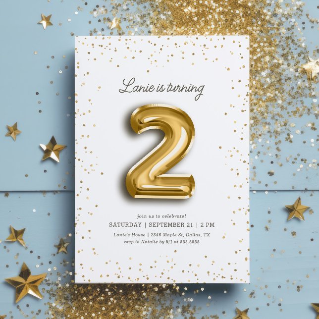 Modern Gold Glitter Foil Balloon 2nd Birthday Invitation (Creator Uploaded)