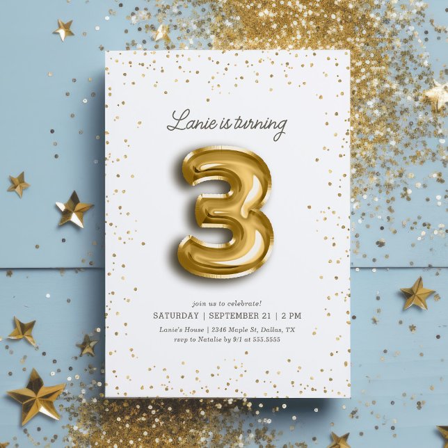 Modern Gold Glitter Foil Balloon 3rd Birthday Invitation (Creator Uploaded)