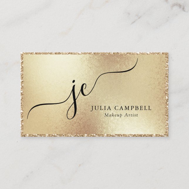 Modern Gold Glitter Frame Script Monogram Business Card (Front)
