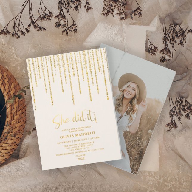 Modern Gold Glitter Grad Party Photo Invitation (Creator Uploaded)