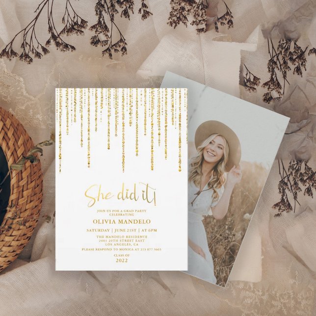 Modern Gold Glitter Grad Party Photo Invitation (Creator Uploaded)