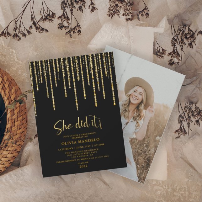 Modern Gold Glitter Grad Party Photo Invitation (Creator Uploaded)