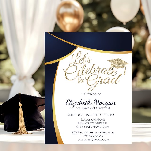 Modern Gold Glitter Graduation Cap,Blue Graduation Invitation (Creator Uploaded)