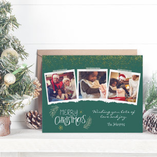 Modern Gold Glitter Green Merry Christmas 3 Photos Holiday Card