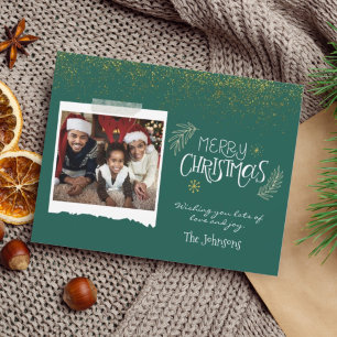 Modern Gold Glitter Green Merry Christmas Photo Holiday Card