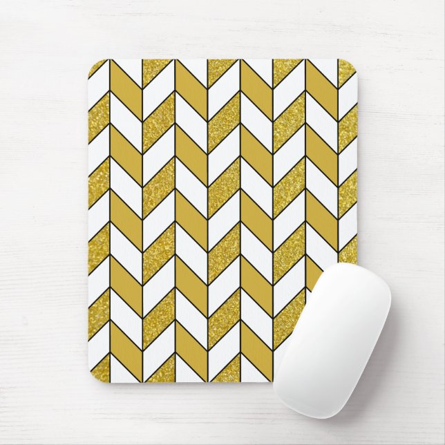 Modern Gold Glitter Herringbone Chevron Mouse Pad (With Mouse)